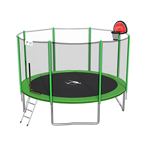 Kangaroo Hoppers 12 FT Trampoline with Safety Enclosure Net, Basketball Hoop and Ladder -2021 Upgraded Kids Basketball Hoop Trampoline TUV & ASTM Tested (Apple GREEN-12FT)