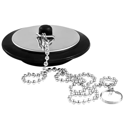 1 Pcs Universal Bath Plug with Chain, Black Rubber Kitchen Sink Plug Rubber Bath Plug,Replacement Universal Plug for Sinks with Stainless Steel chain, Chain Length 15.74in