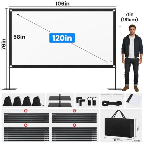 Image of 120inch Projector Screen with Stand: Portable Projector Screen Outdoor Indoor Front /Rear16:9 4K HD with Carry Bag Sandbag- Movie Screen for Backyard Moive Night, Camping, Theater