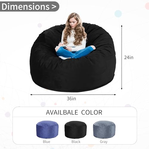 3 Feet Bean Bag Chair, Memory Foam Filled, Removable Cover, Bean Bag Chairs for Adults and Teens, Round Sofa Chair for Living Room, Bedroom and Gaming Room, Black - Image 4