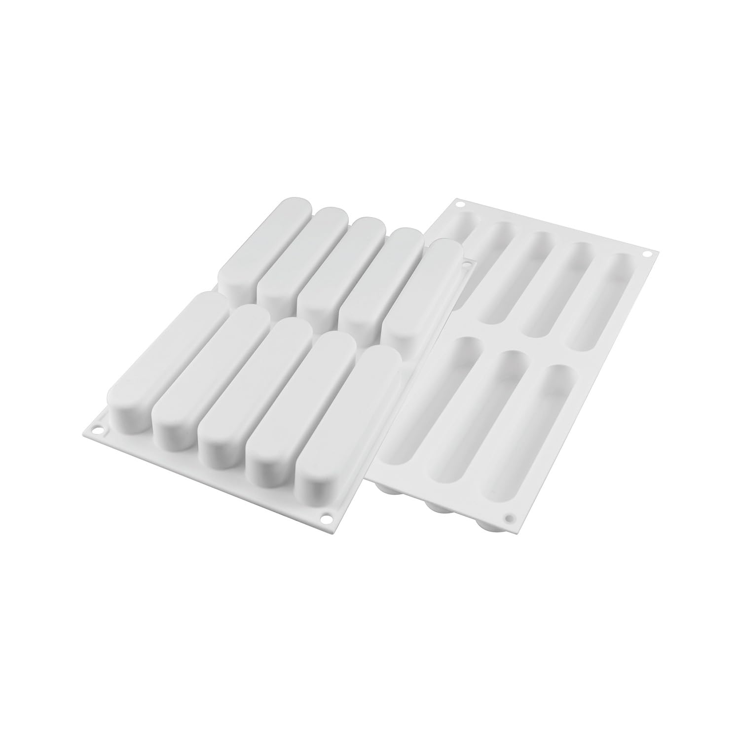 Silikomart FASHION ECLAIR 80 Silicone Mold – 10 Cavities – 5 1/8" x 1" x 1" – Includes Plastic Cutter & 10 Mini Trays – Perfect for Eclairs and Pastry Creations