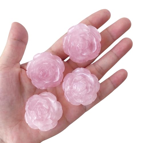 RECKSI 4PCS Hand Carved Natural Crystal Rose Flower Figurines Decor Set Drilled Flower Stone Kit for DIY, Jewelry Making, Rose Quartz