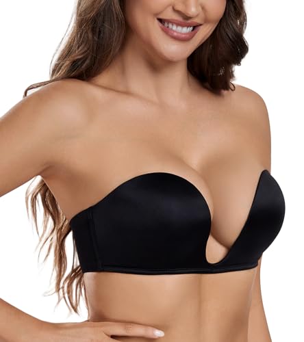 HACI Women's Plunge Deep U Strapless Bra Push Up Demi Seamless Underwire(Black,32B) - Image 5