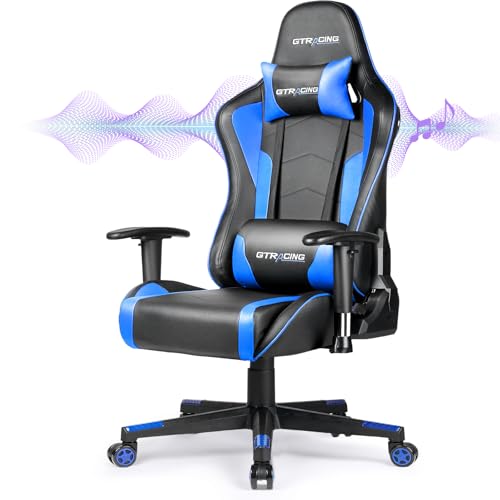 GTRACING Gaming Chair with Speakers, Video Game Chair Bluetooth Music with Lumbar Support, Ergonomic Comfortable Office Computer Chair for Adults, Height Adjustable Reclining Chairs, 360° Swivel, Blue