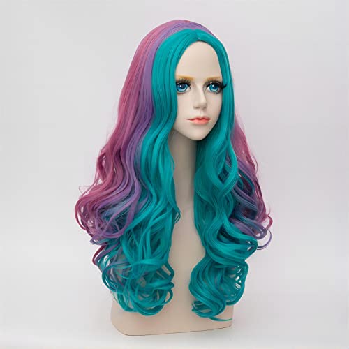 Alacos Rainbow Color Long Curly Braid Wig , 25 Inches Gothic Lolita Anime Cosplay Wig, Christmas Costume Wig For Women & Kids +Free Wig Cap (Turquoise Mix Purple Pink Green) #TOP3