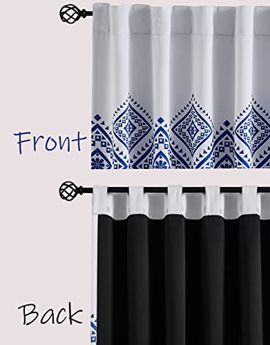 Blue And White Full Blackout Window Curtain Panels Tribe Ethnic Geometric Pattern Decorative Top, Back Tab Rod Pocket Design, Geo Room Darkening Window Treatment Sets 52" L X 84" W For Living Room #TOP3