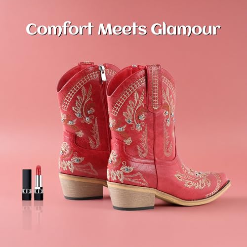 Image of Western Cowboy Boots for Women Rhinestone Cowgirl Boot with Low Block Heel Embroidery Sparkly Short Ankle Booties Walking Bootie for Country Concert Disco Outfits