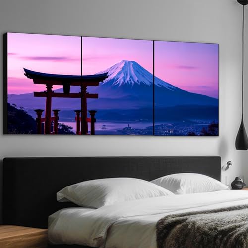 富士山風景画 北欧インテリア絵画。キャンバスに描かれた壁掛けアートプリントで、アルミニウム合金フレーム付き。耐久性のある頑丈なバックボードを使用しており、厚さ2.5cm、サイズ40x30cmの3枚セットです。 [3]
