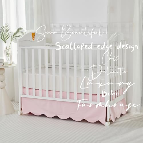Image of Brandream Scallop Edge Cotton Crib Skirt, Baby Boy, Baby Girl, Gender Neutral Crib Skirt Toddler Bedskirt Farmhouse Chic Nursery Crib Bed Skirt, Boho Bohemian Solid Pink