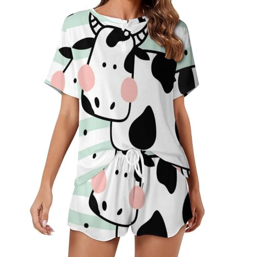 Pyjama femme manches courtes vêtements de nuit été sleepwear imprimé vache
