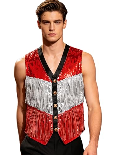 Ropa de club de rave para hombre con chaqueta brillante sin mangas y cuello en V estilo color block
