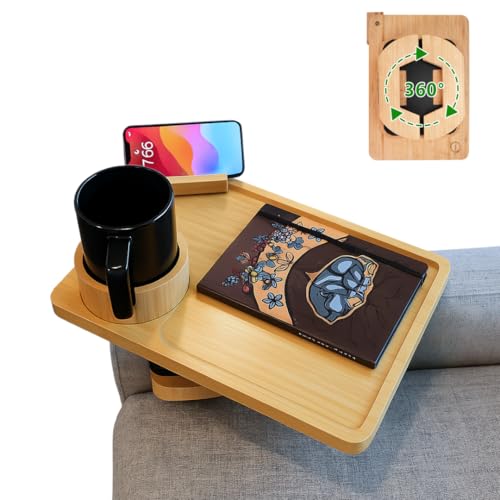 iSpaces Swivel Bamboo Couch Armrest Table with Cup Holder and Phone Stand - Foldable Sofa Arm Tray Table for Drinks, Snacks & Devices - Adjustable Sofa Armrest Tray Fits 4-8