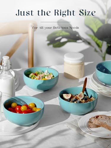 Image of DOWAN 22 OZ Ceramic Soup Bowls & Cereal Bowls - 6 inch Classic Bowls Set of 4 for Soup, Cereal, Oatmeal, Fruit, Rice - Dishwasher & Microwave Safe (Turquoise)