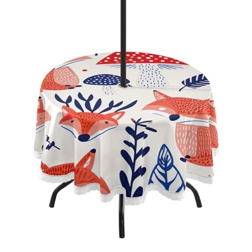 Wajiw 60 Inch Indoor Outdoor Round Tablecloth with Umbrella Hole and Zipper Waterproof Patio Table Cover for Camping Dining Room Party Outdoor Picnic,Foxes