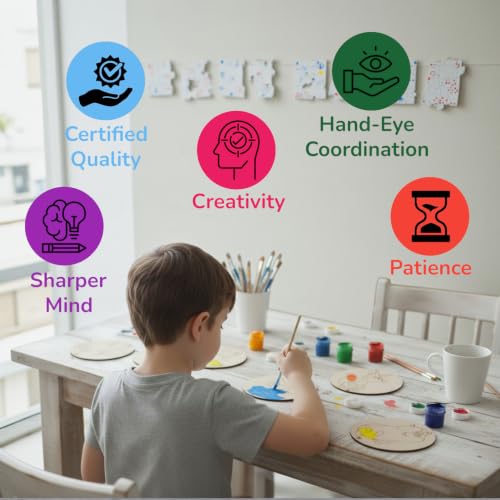 Image of BAGJI TOYS DIY Coaster Painting Kit for Kids & Adults - 6 Pre-Marked Wooden Tea Coasters with Stand, 12 Non-Toxic Water Base Colours & 1 Brush - Mandala Art & Craft DIY Set - Beginner Friendly Painting Craft Kit, Birthday & Gift Activity (MNDB2)