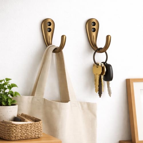 Image of 10 Pcs Premium Wall Hook - Antique Brass Finish | Heavy Duty Metal Hook for Hanging Coats, Bags, Towels & More