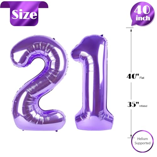 Image of Purple Number 21 Balloon 40 Inch, 21st Birthday Party Decorations, Giant 21 Foil Balloon for Party Supplies