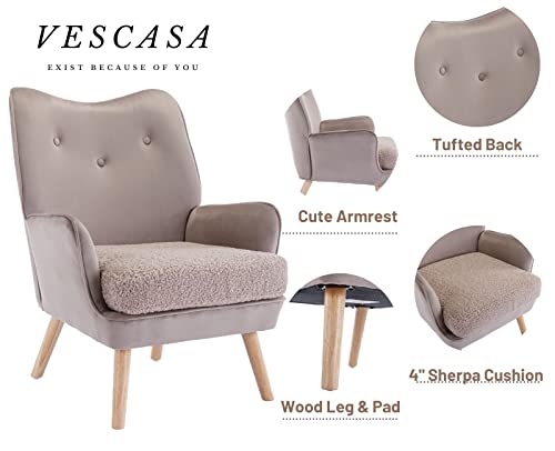 Vescasa Velvet Tufted Accent Chair With Wood Legs, Modern Wingback Armchair With Sherpa Padded Seat Cushion For Living Room/Bedroom/Reading, Light Grey #TOP2