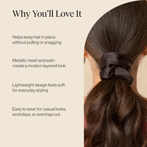 Image of Kitsch Metallic Mesh & Satin Scrunchies For Women - Recycled Fabric Hair Ties for Secure Hold, Comfortable Wear | Softer Than Silk Scrunchies For All Hair Types - Black & Chocolate, 2pcs