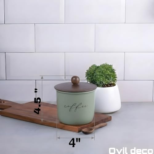 Image of Airtight Sugar, Coffee and Tea Canister Set of 3 with Wooden Spoons, Green, Metal with Wood Lid, 800ml, 11x11x15 cm | Food-Safe Jar Set for Kitchen counter top Container
