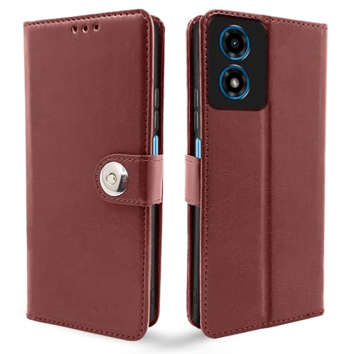 Image of Pikkme Moto G04 Flip Cover Leather Finish | Inside TPU with Card Pockets | Wallet Stand and Shock Proof | Complete Protection Button Flip Case (Brown)