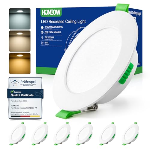HOMEOW Faretti Led da Incasso per Cartongesso 7W, Diametro Foro 75-90mm, 24mm Ultrasottili, IP44 Faretti Led Soffitto, Regolabile Caldo 2700K, Neutro 4000K e Freddo 6000K, Non Dimmerabile, Set di 6