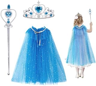 TAROME 3pcs Princess Costumes Sets Girl Wand Crown Tiara Sequins Tulle Princess Cloak Cape Elsa Dress up Accessories for Girl Daughter Carnival Birthday Frozen Theme Party Gift