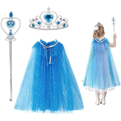 TAROME 3pcs Princess Costumes Sets Girl Wand Crown Tiara Sequins Tulle Princess Cloak Cape Elsa Dress up Accessories for Girl Daughter Carnival Birthday Frozen Theme Party Gift Cover
