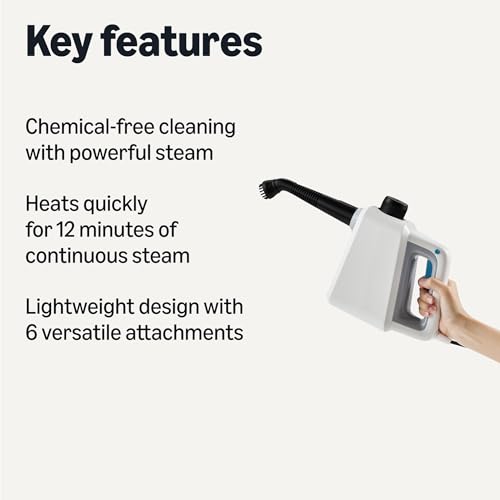 Amazon Basics Handheld Steam Cleaner for Home with 9 Accessories, Powerful 1000W Steam Shot, 8.5oz Tank, White