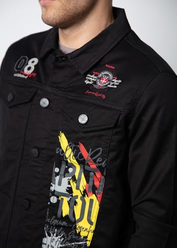 Image of Nostrum Men's Welch Denim Jacket, Black Casual Style, Embroidered Graphic Design, Button Front Closure