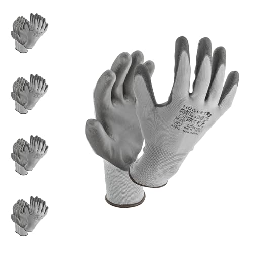 Högert Technik HUNTE guantes recubiertos de poliuretano, gris oscuro/negro, talla 9, 12 pares/paquete, resistentes a la abrasión y flexibles, ideales para trabajos de precisión