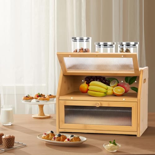 Large Bread Box for Kitchen Countertop, Wooden Bread Bin with Double Layer Storage and 0.6-inch Thick Natural Wood Panels, Rustic Bread Box Organizer for Kitchen (Natural Wood)