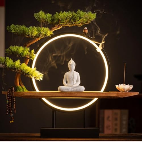 BQQB 新しい中国の禅仏飾り、人工屋内植物、家の装飾ギフト、人工樹木、LEDライト付きのリアルな偽の盆栽、玄関デスク用のクリエイティブなランプリング、自宅のリビングルームの玄関オフィスの装飾盆栽に適しています (白磁ルドラと松葉丸ランプセット)
