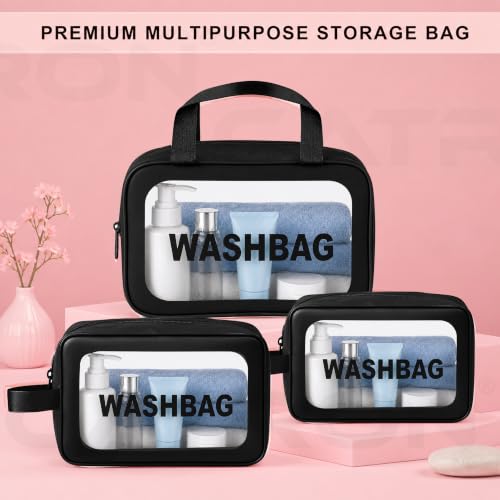 Image of CATRON Makeup PVC Water-Resistant Cosmetic Bag Set 3 Wash Bag Pouch for Multifunctional Travel Kit Toiletry Bag Portable Organizer Case Carry Pouch for Women Bathroom Set (Black)