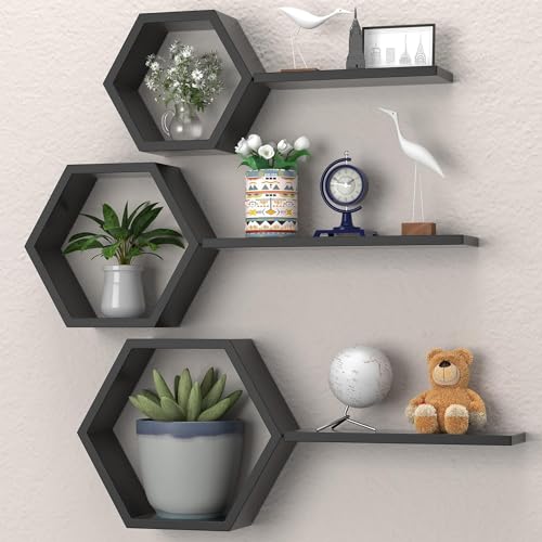 Image of Kassar Hexagon Wall Shelves Set, Black, Floating Display Shelves, Modern Geometric Design, Home Decor (Black)