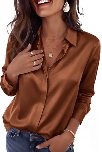 Chemisier décontracté en satin femme manches longues marron clair taille M