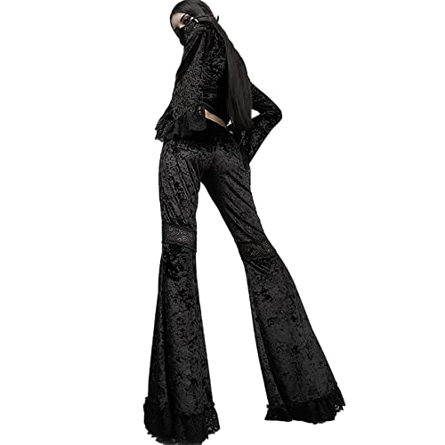 Women Goth Velvet Flare Pants Hollow Out Lace High Waist Bell Bottom Trousers3