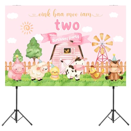 Jollyboom Oink Baa Moo I Am Two - Decoración de fiesta, decoración de fiesta de cumpleaños de animales de granja, telón de fondo Oink Baa Moo I Am Two para niña, temática de granja rosa, fiesta de
