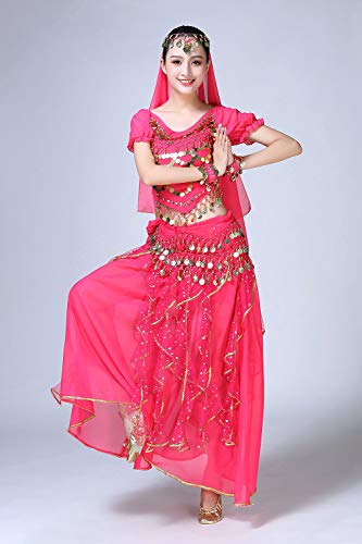 ORIDOOR Women Belly Dance Dress Indian Bollywood Halloween Costume Chiffon Skirts Shiny Belly Dance Suits 5-Piece Outfit, 004 Rose Red, One Size