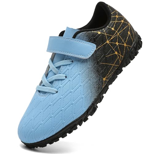 PiDaGlobal Botas de Fútbol Niño Zapatos de Fútbol con Tacos Bajos para Césped Artificial e Indoor Antideslizantes para Entrenamiento y Fútbol Sala Adolescentes Zapatillas de Fútbol 31EU Azul Claro