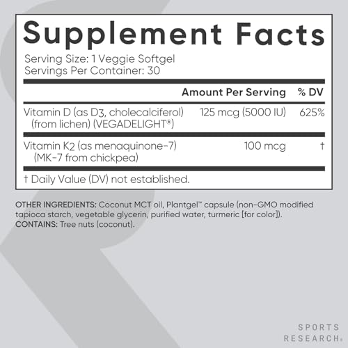 Sports Research Vegan Vitamin D3 + K2 Supplement with Organic Coconut Oil - 5000iu Vitamin D with 100mcg Mk7 Vitamin K - Supports Calcium for Stronger Bones & Immune Health - 30 Softgels for Adults - Image 6