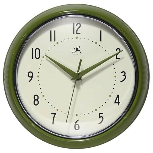 Infinity Instruments Retro Round Metal Wall Clock, Olive Green 9.5"