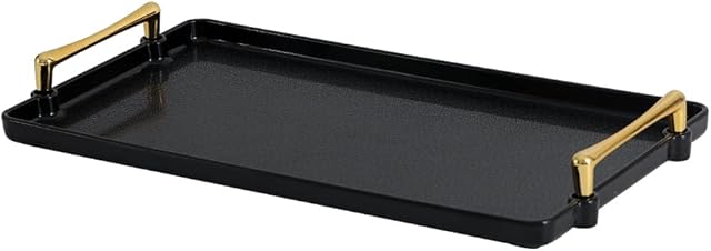 Table Tray Plastic Serving Trays - Modern Rectangular Decorative Tray for Coffee Table Living Room Kitchen Countertop Bathroom - Food Tray for Eating Breakfast with Gold Handles - 15.4 x 8.5 Inches