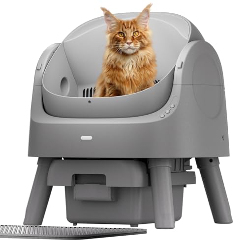 Self Cleaning Litter Box, Open Top Automatic Litter Box with Safety Protection, Large Capacity, 1 Roll Liners and Litter Mat Included, Grey