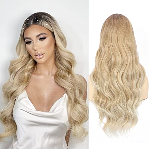 Long Wavy Ash Blonde Wig for Women Middle Part Synthetic 24 Inch Wig with Lace Heat Resistant Ombre Blonde Wig Natural Looking Curly Wavy Wigs for Party Daily Cosplay Halloween (Ash Blonde)