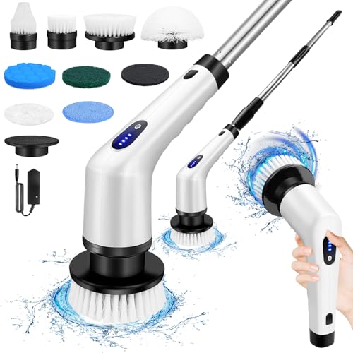 Épurateur électrique,Brosse de Nettoyage sans Fil avec 2 Vitesses,Brosse Rotative Nettoyage avec 9 Têtes Remplaçables, IPX6 Étanche,Poignée Réglable
