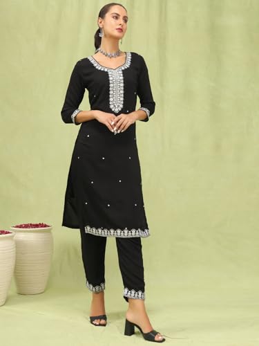 Image of VredeVogel Kurta Set with Dupatta | Viscose Roman Silk Embroidered Kurta Set for Women | Women's Ethnic Casual Kurti Set |Kurta Pant Festive Suit
