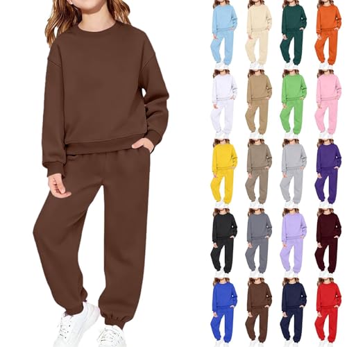 Boys Sweatsuit Toddler Girls Tracksuit Y2k Soild 2 Piece Teens Kids Jogging Outfits Preppy hoodie and sweatpants set 2025 Fall Winter Plus Size Long Sleeve Sweatshirt Pants Chocolate Brown 11-12 Years