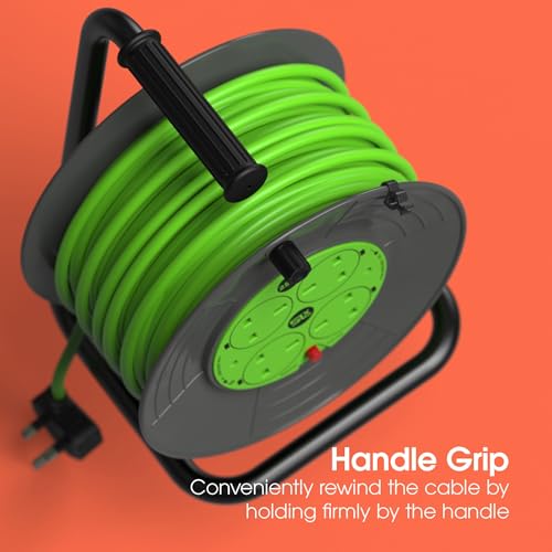 Slx Extension Lead 25M 4 Socket Open Cable Reel With Thermal Cut Out, Heavy Duty Long Reach Extension Cable For Garden, Diy And Workshop, 13A Fused Uk Plug In Grey & Green - 5