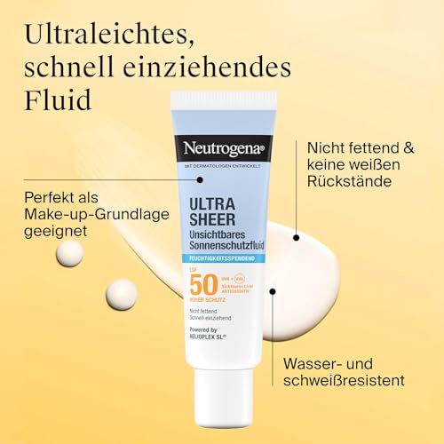 Neutrogena Ultra Sheer Unsichtbares Feuchtigkeitsspendendes Sonnenschutzfluid LSF50 (50ml), hoher UVB/UVA-Schutz, Vitamin C & E, Panthenol & Pro-Ceramiden, 24h Feuchtigkeit, nicht fettend, wasserfest